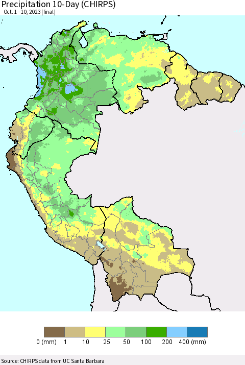 Northern South America Precipitation 10-Day (CHIRPS) Thematic Map For 10/1/2023 - 10/10/2023