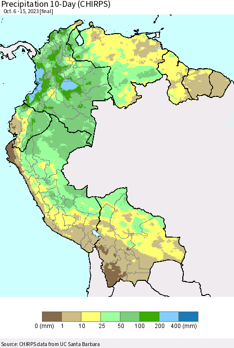 Northern South America Precipitation 10-Day (CHIRPS) Thematic Map For 10/6/2023 - 10/15/2023