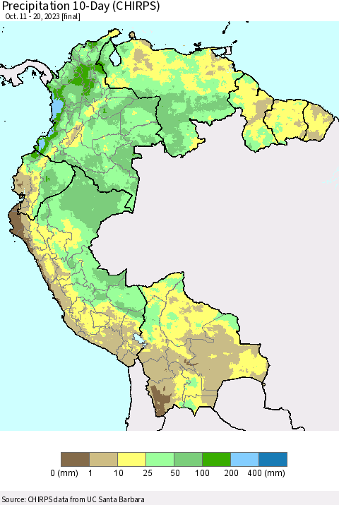 Northern South America Precipitation 10-Day (CHIRPS) Thematic Map For 10/11/2023 - 10/20/2023