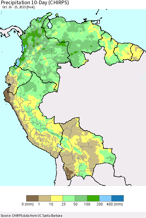 Northern South America Precipitation 10-Day (CHIRPS) Thematic Map For 10/16/2023 - 10/25/2023