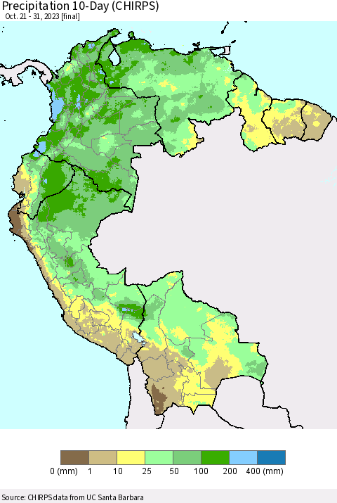 Northern South America Precipitation 10-Day (CHIRPS) Thematic Map For 10/21/2023 - 10/31/2023