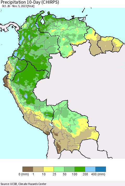 Northern South America Precipitation 10-Day (CHIRPS) Thematic Map For 10/26/2023 - 11/5/2023