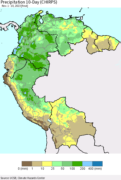 Northern South America Precipitation 10-Day (CHIRPS) Thematic Map For 11/1/2023 - 11/10/2023