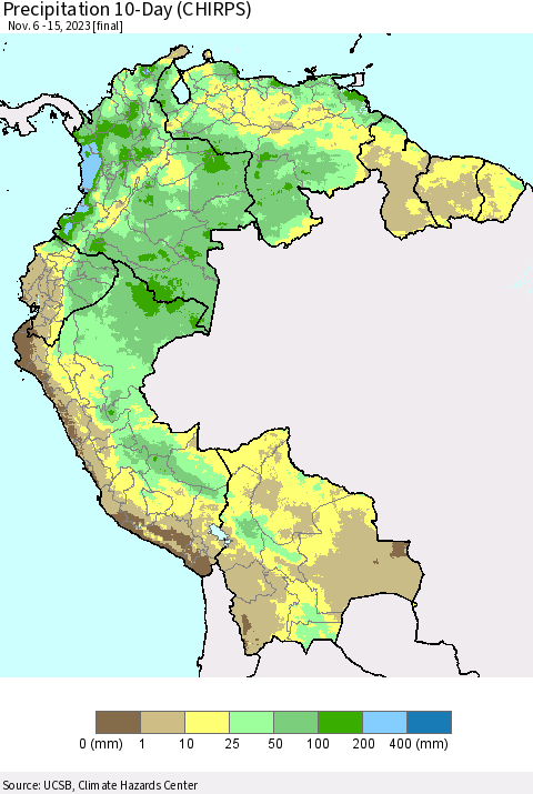 Northern South America Precipitation 10-Day (CHIRPS) Thematic Map For 11/6/2023 - 11/15/2023