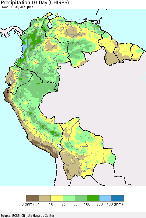 Northern South America Precipitation 10-Day (CHIRPS) Thematic Map For 11/11/2023 - 11/20/2023