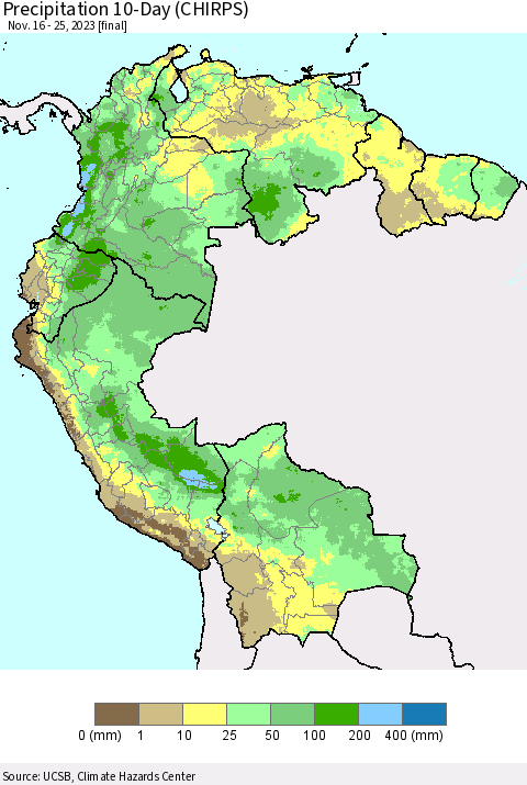 Northern South America Precipitation 10-Day (CHIRPS) Thematic Map For 11/16/2023 - 11/25/2023