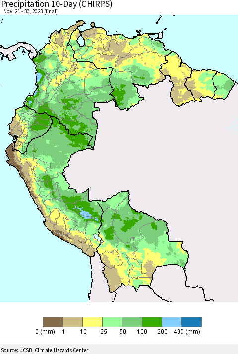 Northern South America Precipitation 10-Day (CHIRPS) Thematic Map For 11/21/2023 - 11/30/2023