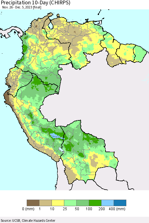 Northern South America Precipitation 10-Day (CHIRPS) Thematic Map For 11/26/2023 - 12/5/2023