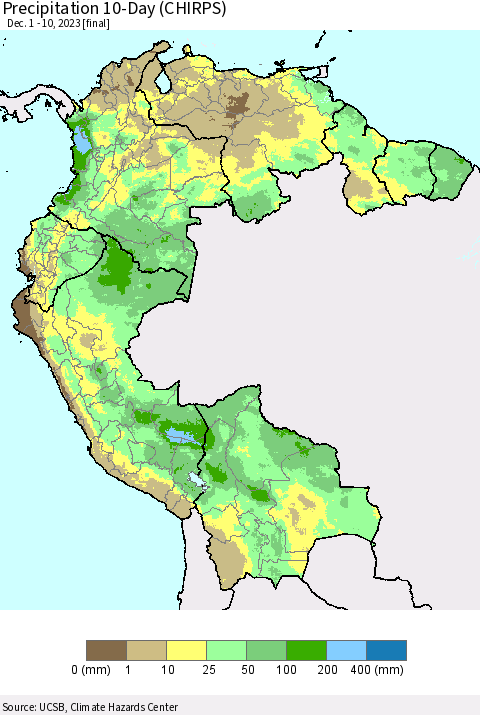 Northern South America Precipitation 10-Day (CHIRPS) Thematic Map For 12/1/2023 - 12/10/2023