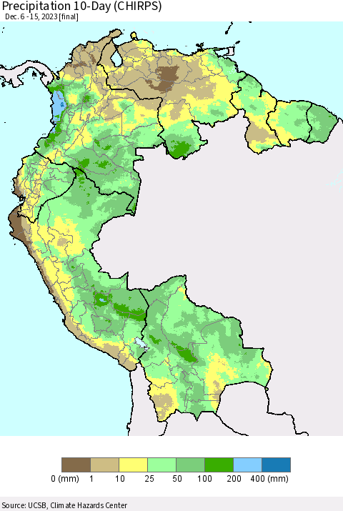 Northern South America Precipitation 10-Day (CHIRPS) Thematic Map For 12/6/2023 - 12/15/2023