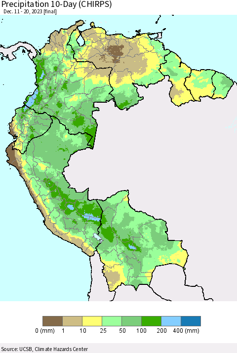 Northern South America Precipitation 10-Day (CHIRPS) Thematic Map For 12/11/2023 - 12/20/2023