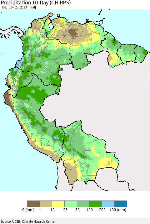 Northern South America Precipitation 10-Day (CHIRPS) Thematic Map For 12/16/2023 - 12/25/2023