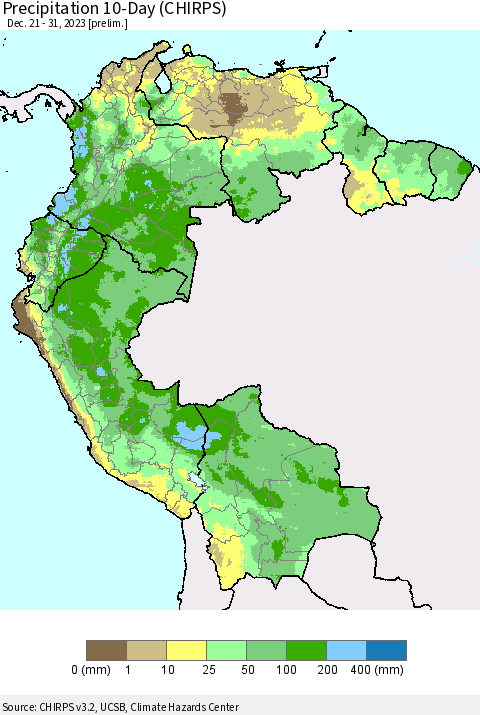 Northern South America Precipitation 10-Day (CHIRPS) Thematic Map For 12/21/2023 - 12/31/2023