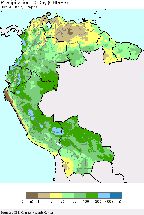 Northern South America Precipitation 10-Day (CHIRPS) Thematic Map For 12/26/2023 - 1/5/2024