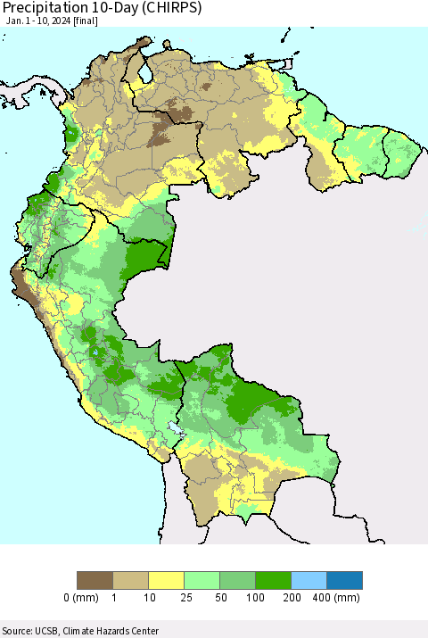 Northern South America Precipitation 10-Day (CHIRPS) Thematic Map For 1/1/2024 - 1/10/2024