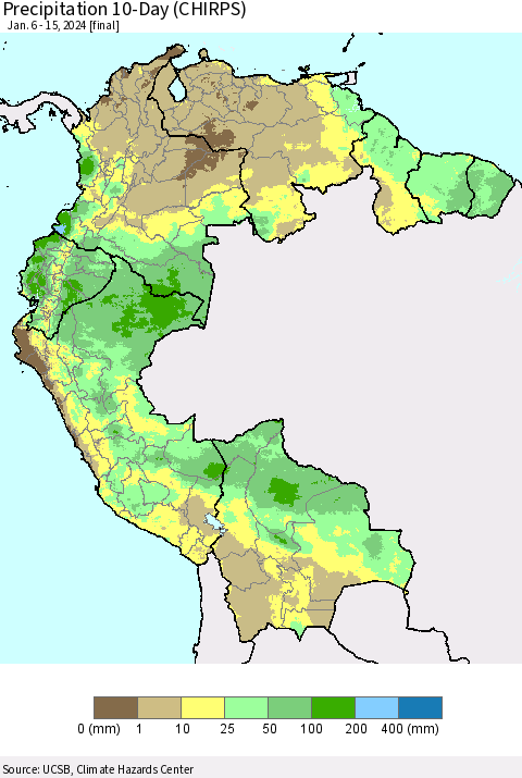 Northern South America Precipitation 10-Day (CHIRPS) Thematic Map For 1/6/2024 - 1/15/2024