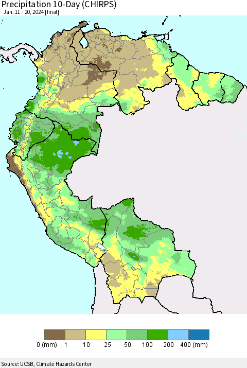 Northern South America Precipitation 10-Day (CHIRPS) Thematic Map For 1/11/2024 - 1/20/2024