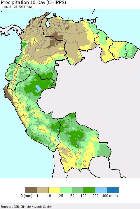 Northern South America Precipitation 10-Day (CHIRPS) Thematic Map For 1/16/2024 - 1/25/2024