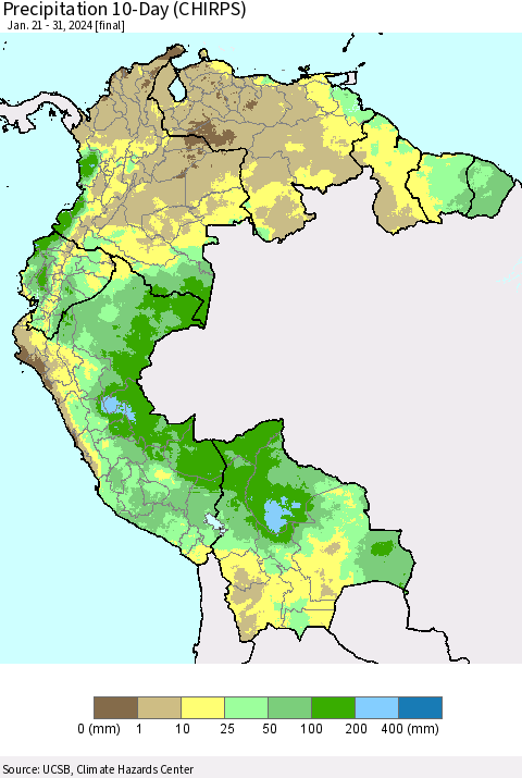 Northern South America Precipitation 10-Day (CHIRPS) Thematic Map For 1/21/2024 - 1/31/2024