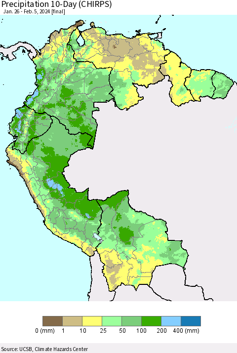 Northern South America Precipitation 10-Day (CHIRPS) Thematic Map For 1/26/2024 - 2/5/2024