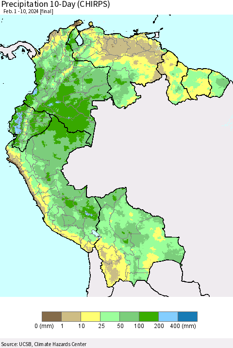 Northern South America Precipitation 10-Day (CHIRPS) Thematic Map For 2/1/2024 - 2/10/2024