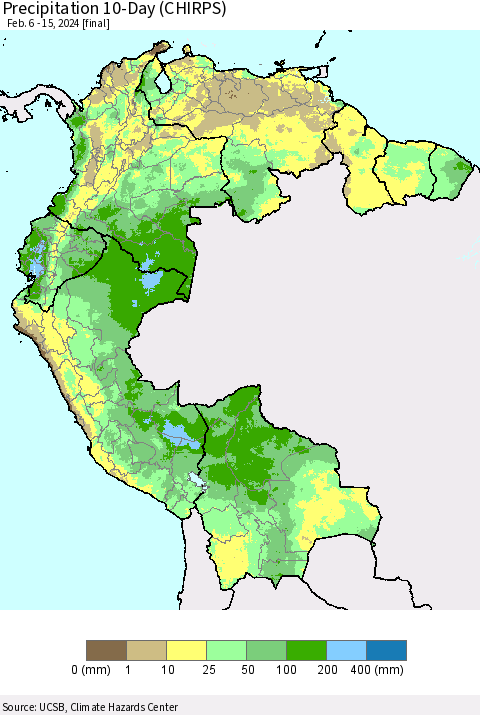 Northern South America Precipitation 10-Day (CHIRPS) Thematic Map For 2/6/2024 - 2/15/2024