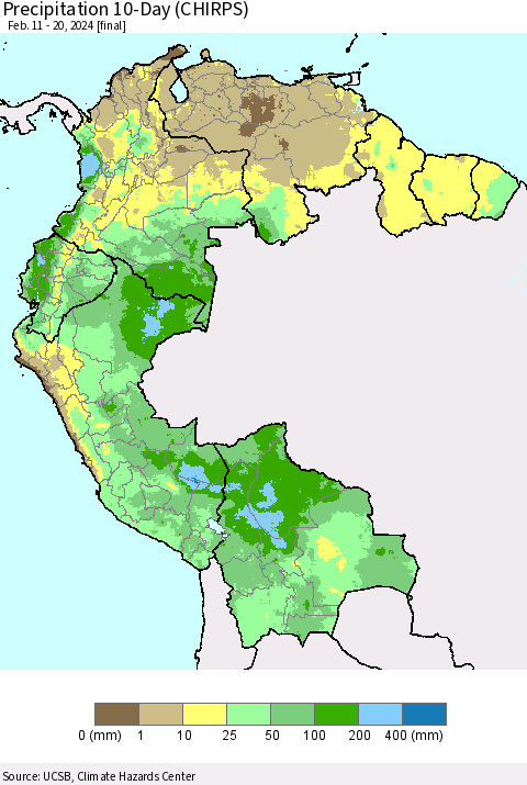 Northern South America Precipitation 10-Day (CHIRPS) Thematic Map For 2/11/2024 - 2/20/2024