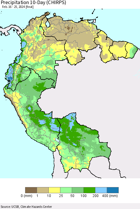 Northern South America Precipitation 10-Day (CHIRPS) Thematic Map For 2/16/2024 - 2/25/2024