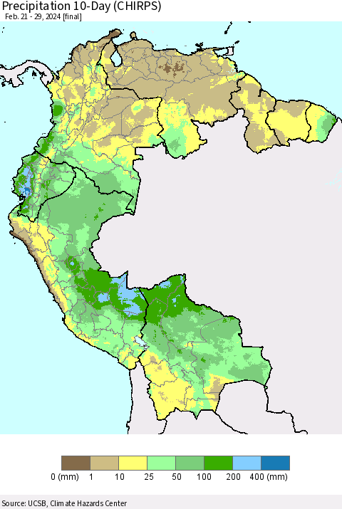Northern South America Precipitation 10-Day (CHIRPS) Thematic Map For 2/21/2024 - 2/29/2024