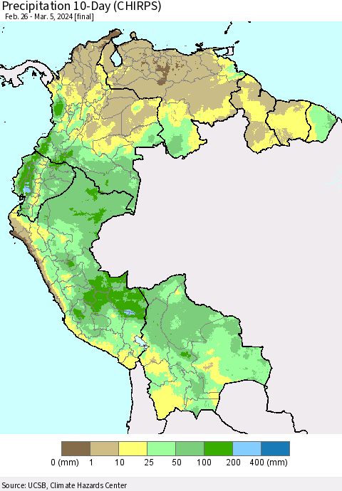 Northern South America Precipitation 10-Day (CHIRPS) Thematic Map For 2/26/2024 - 3/5/2024