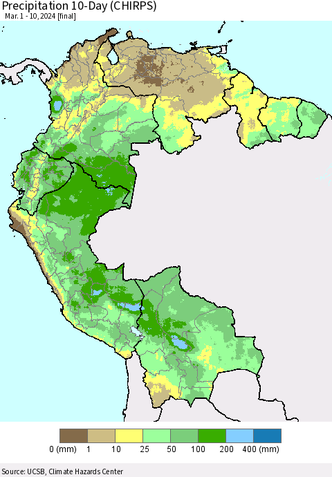 Northern South America Precipitation 10-Day (CHIRPS) Thematic Map For 3/1/2024 - 3/10/2024