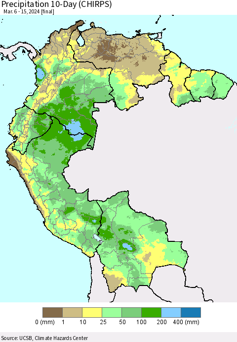 Northern South America Precipitation 10-Day (CHIRPS) Thematic Map For 3/6/2024 - 3/15/2024