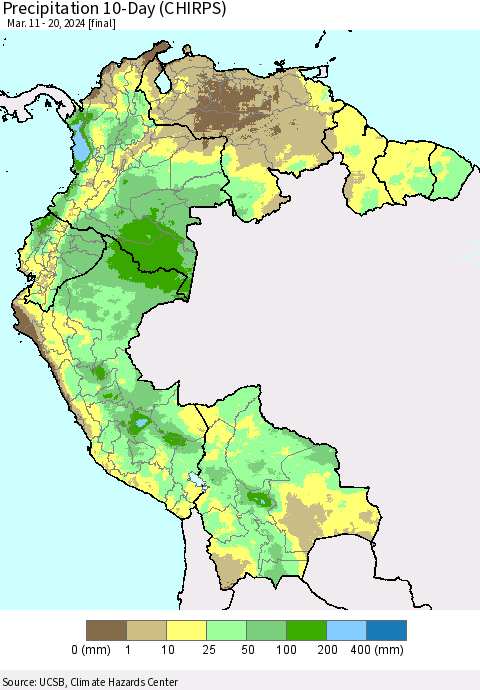 Northern South America Precipitation 10-Day (CHIRPS) Thematic Map For 3/11/2024 - 3/20/2024