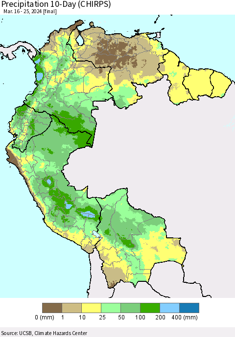 Northern South America Precipitation 10-Day (CHIRPS) Thematic Map For 3/16/2024 - 3/25/2024