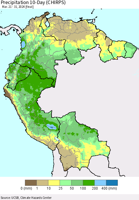 Northern South America Precipitation 10-Day (CHIRPS) Thematic Map For 3/21/2024 - 3/31/2024