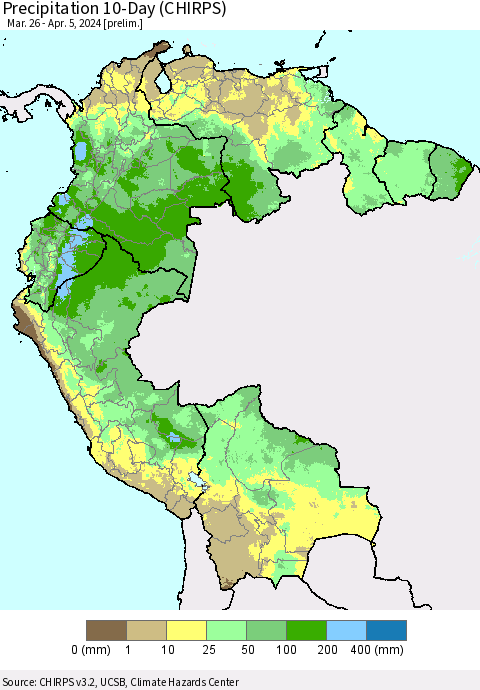Northern South America Precipitation 10-Day (CHIRPS) Thematic Map For 3/26/2024 - 4/5/2024