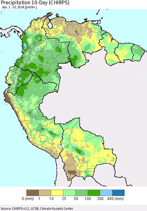 Northern South America Precipitation 10-Day (CHIRPS) Thematic Map For 4/1/2024 - 4/10/2024