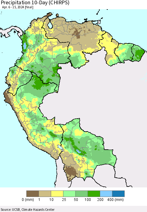 Northern South America Precipitation 10-Day (CHIRPS) Thematic Map For 4/6/2024 - 4/15/2024