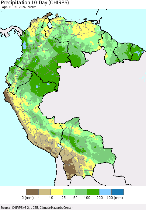 Northern South America Precipitation 10-Day (CHIRPS) Thematic Map For 4/11/2024 - 4/20/2024