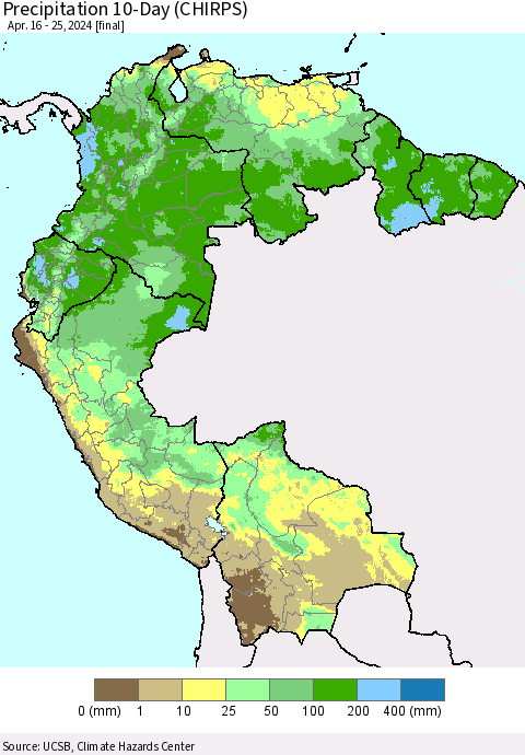 Northern South America Precipitation 10-Day (CHIRPS) Thematic Map For 4/16/2024 - 4/25/2024