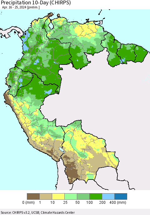 Northern South America Precipitation 10-Day (CHIRPS) Thematic Map For 4/16/2024 - 4/25/2024