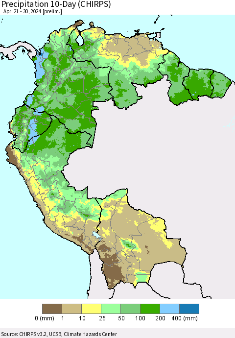 Northern South America Precipitation 10-Day (CHIRPS) Thematic Map For 4/21/2024 - 4/30/2024