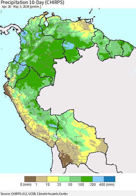 Northern South America Precipitation 10-Day (CHIRPS) Thematic Map For 4/26/2024 - 5/5/2024