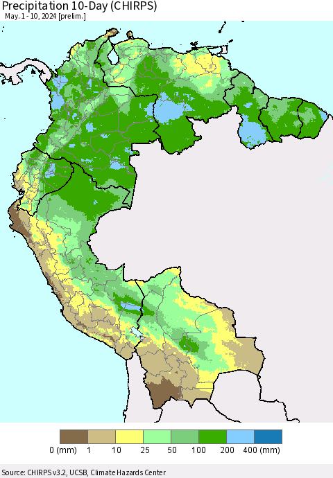 Northern South America Precipitation 10-Day (CHIRPS) Thematic Map For 5/1/2024 - 5/10/2024