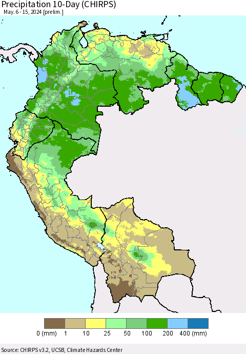 Northern South America Precipitation 10-Day (CHIRPS) Thematic Map For 5/6/2024 - 5/15/2024