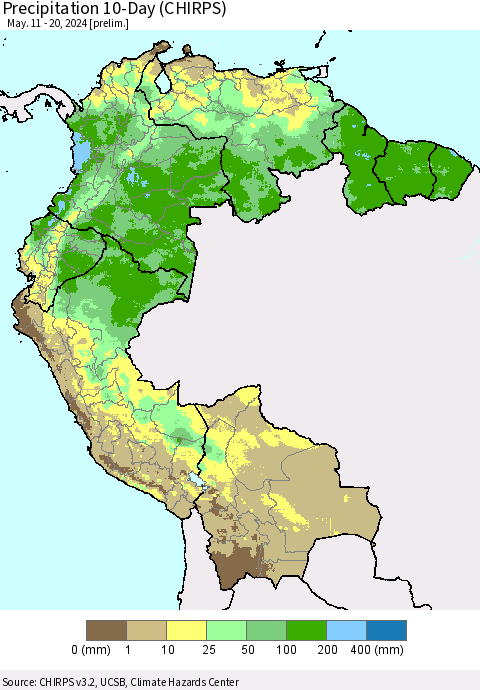 Northern South America Precipitation 10-Day (CHIRPS) Thematic Map For 5/11/2024 - 5/20/2024