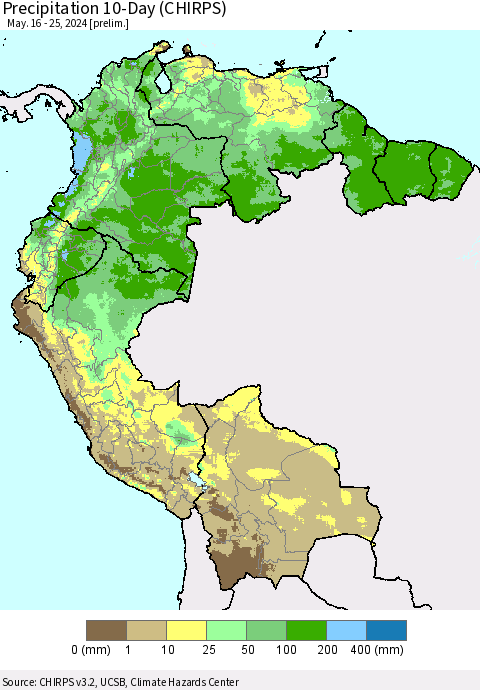 Northern South America Precipitation 10-Day (CHIRPS) Thematic Map For 5/16/2024 - 5/25/2024