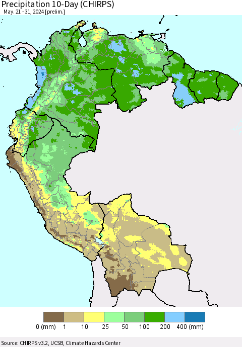 Northern South America Precipitation 10-Day (CHIRPS) Thematic Map For 5/21/2024 - 5/31/2024