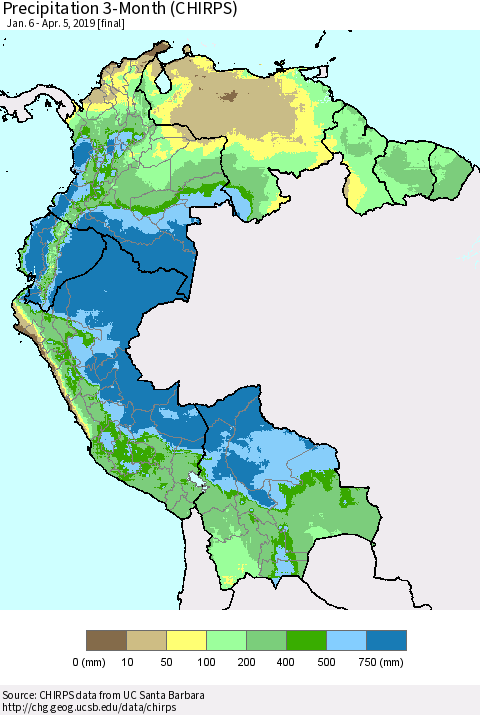 Northern South America Precipitation 3-Month (CHIRPS) Thematic Map For 1/6/2019 - 4/5/2019