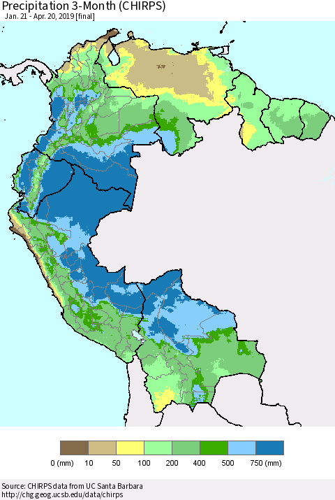 Northern South America Precipitation 3-Month (CHIRPS) Thematic Map For 1/21/2019 - 4/20/2019